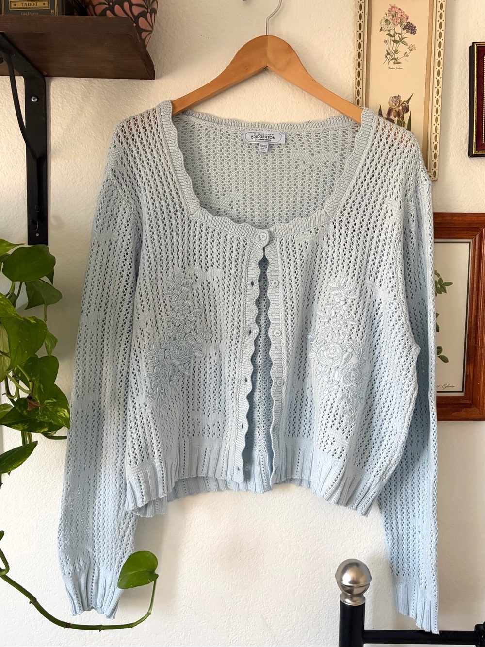 Bridgerton Vintage-Inspired Light Blue Knit Cardigan Floral Embroidery - XXXL